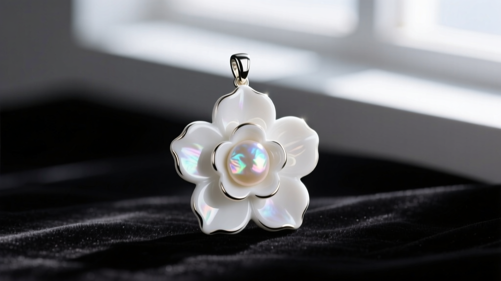Macro shot of a white vitreous enamel floral pendant with a mother-of-pearl center on dark velvet, highlighting the glossy finish