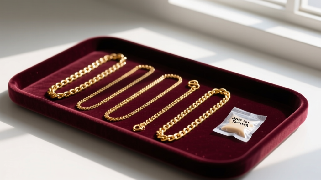 Velvet tray showing individual gold chains stored flat and separated, with a small anti-tarnish silica gel packet resting nearby.