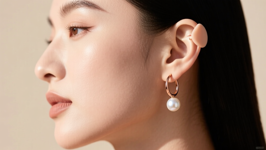 Side profile of a woman wearing a 20-gauge rose gold earring fish hook with a pearl, secured by a discreet silicone back