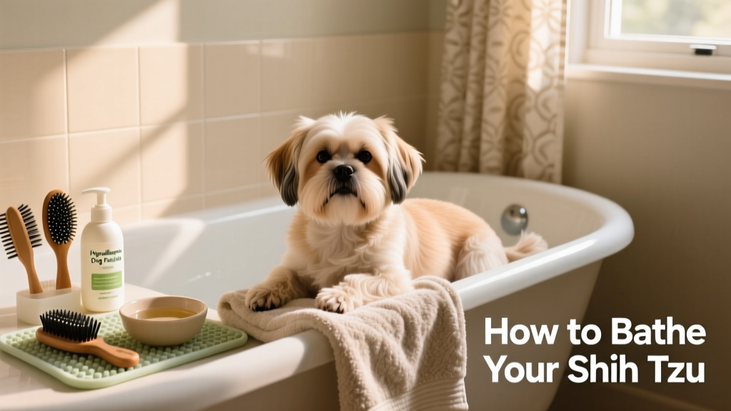 A calm Shih Tzu sitting on a towel beside a small bathtub with grooming supplies nearby