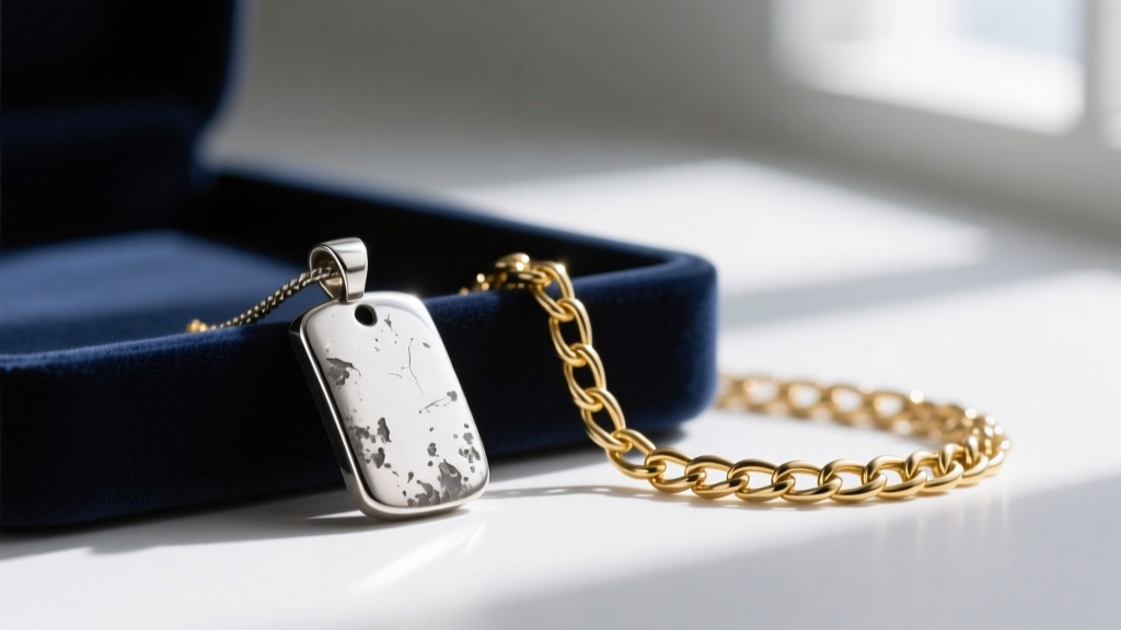 Tarnished silver-tone pewter pendant beside a polished gold-plated brass chain resting on dark velvet in a jewelry studio.
