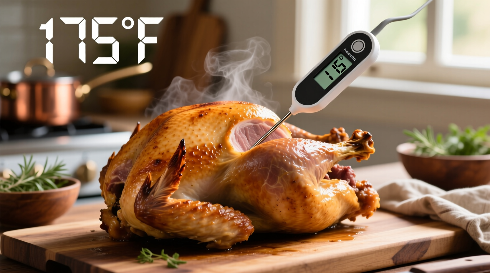 Digital thermometer measuring turkey breast temperature