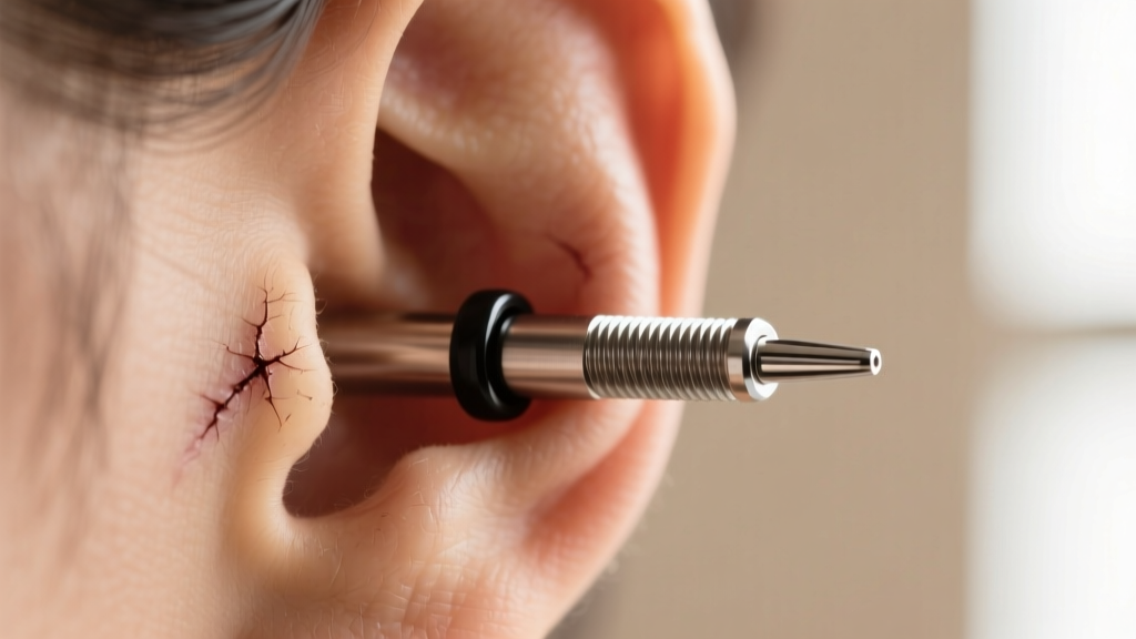 Macro close-up of a healed stretched earlobe wearing an implant-grade titanium taper with a single black o-ring, sharp focus.