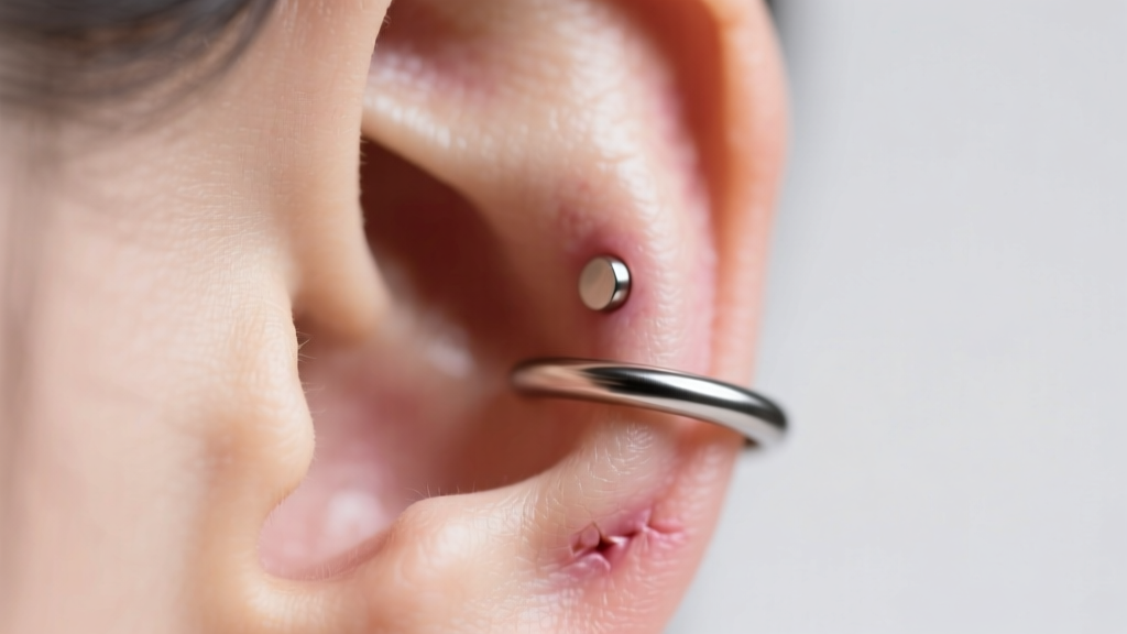 Macro photo of a 16-gauge implant-grade titanium seamless hoop resting on a healed upper helix piercing with soft studio lighting