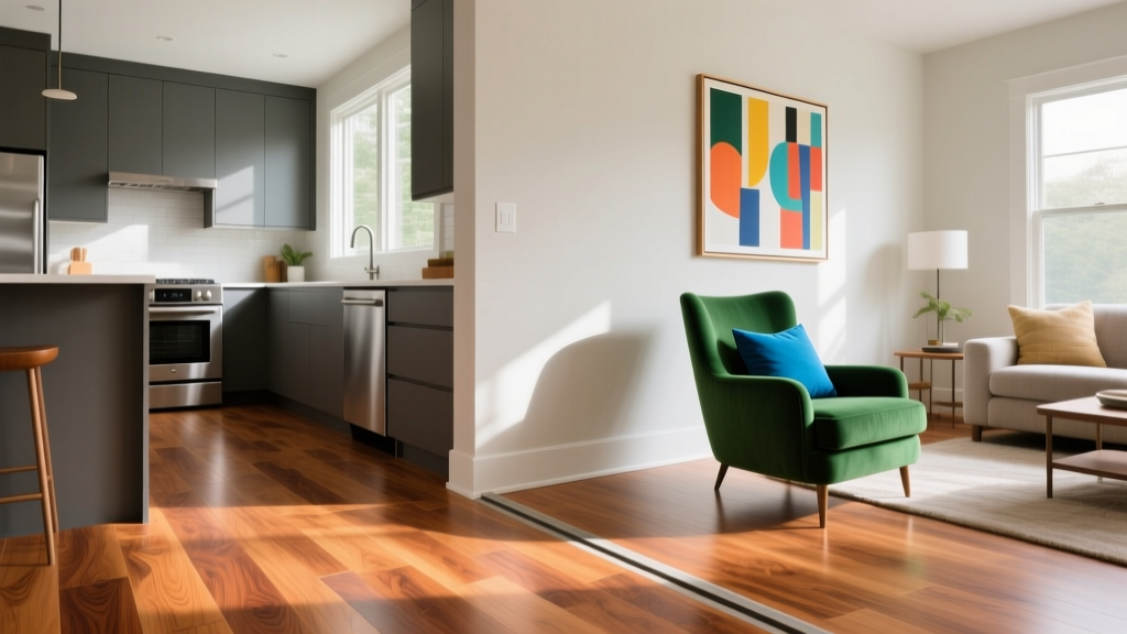 Kitchen luxury vinyl plank flooring transitioning seamlessly into engineered hickory hardwood in an adjacent bright living room