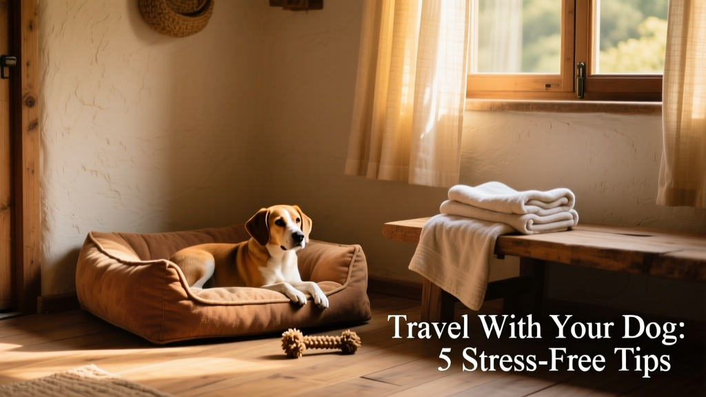 A cozy corner in a vacation rental with a dog bed, chew toy, and folded dog towel nearby
