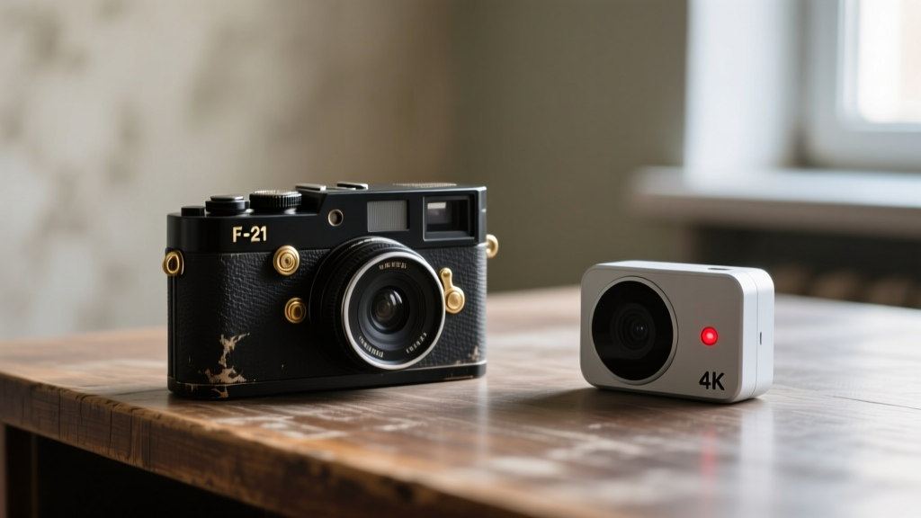 Vintage KGB F-21 lapel camera on a desk next to a modern 4K button camera, highlighting the evolution of covert spy gadgets.