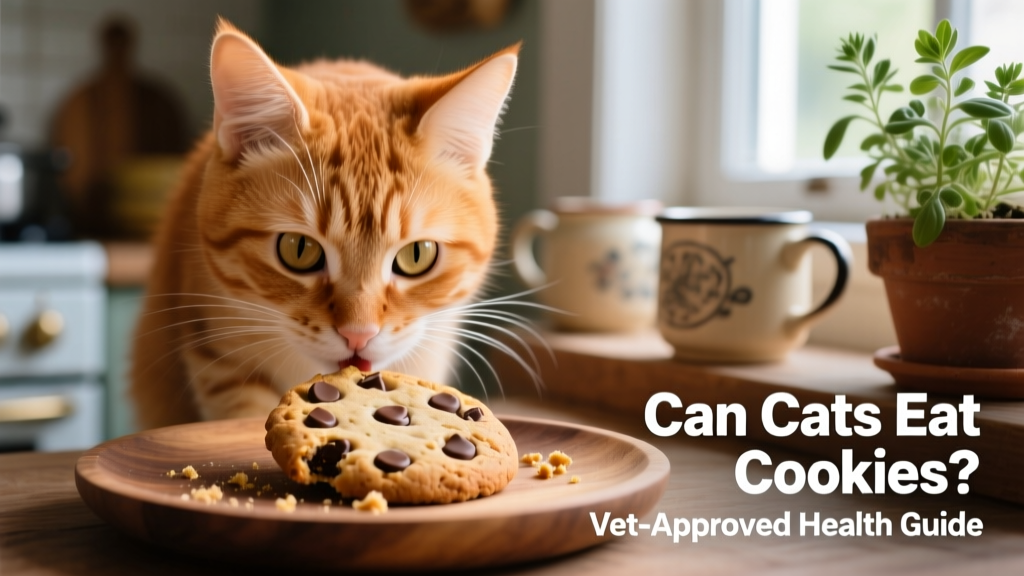 Close-up of a curious cat sniffing a chocolate chip cookie on a plate