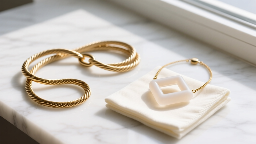 Flat lay on white marble showing two tangled brass cable chains next to a neatly organized silicone necklace detangler clasp and jewelry cloth.