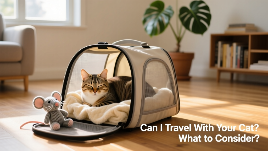A calm, relaxed cat resting inside an open carrier with a soft blanket and favorite toy nearby
