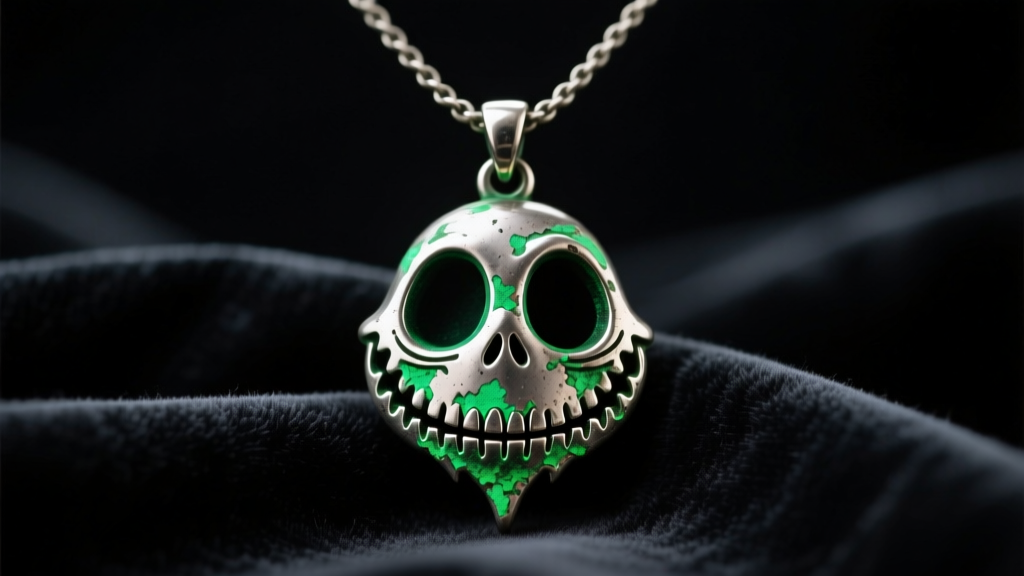 Close-up of a tarnished zinc alloy Jack Skellington pendant necklace on dark velvet, highlighting green oxidation on the edges.