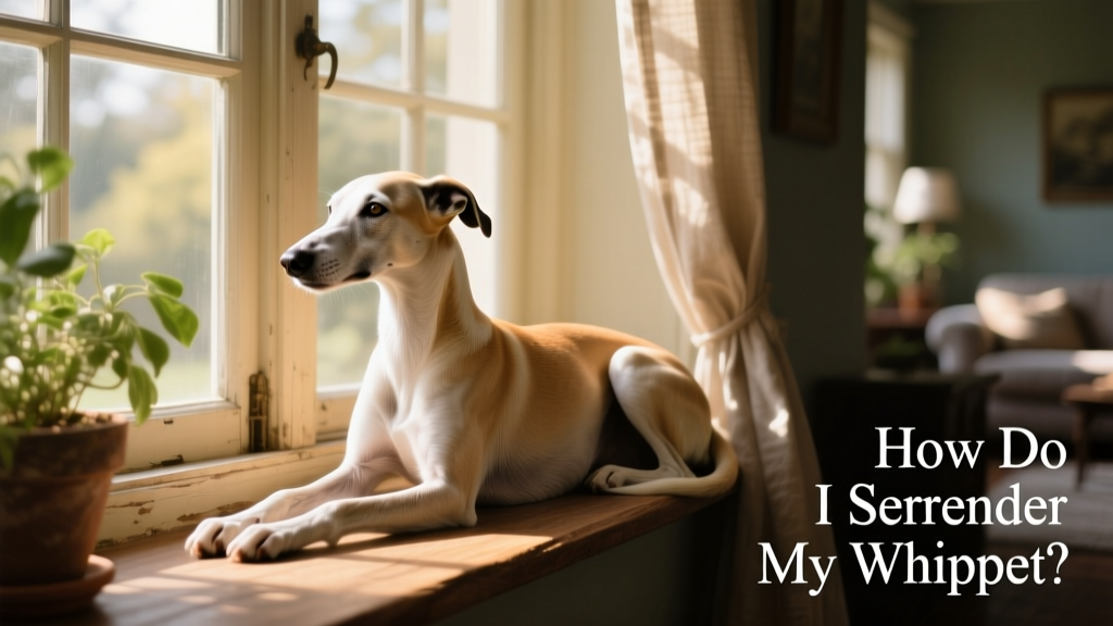 A calm, gentle Whippet resting beside a window with soft natural light