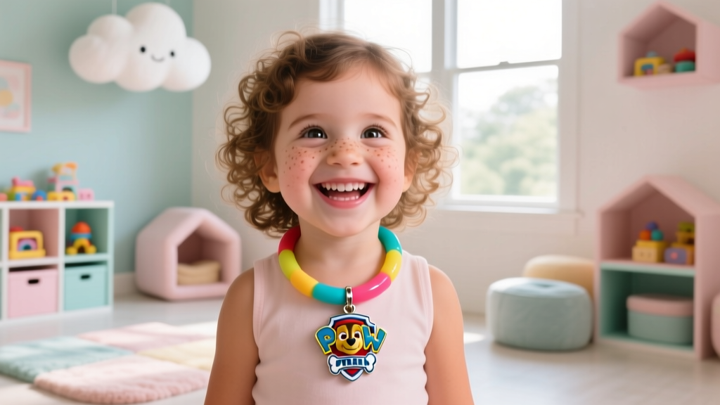 A happy four-year-old girl wearing a colorful silicone Paw Patrol necklace with a Chase pendant, smiling in a bright playroom.