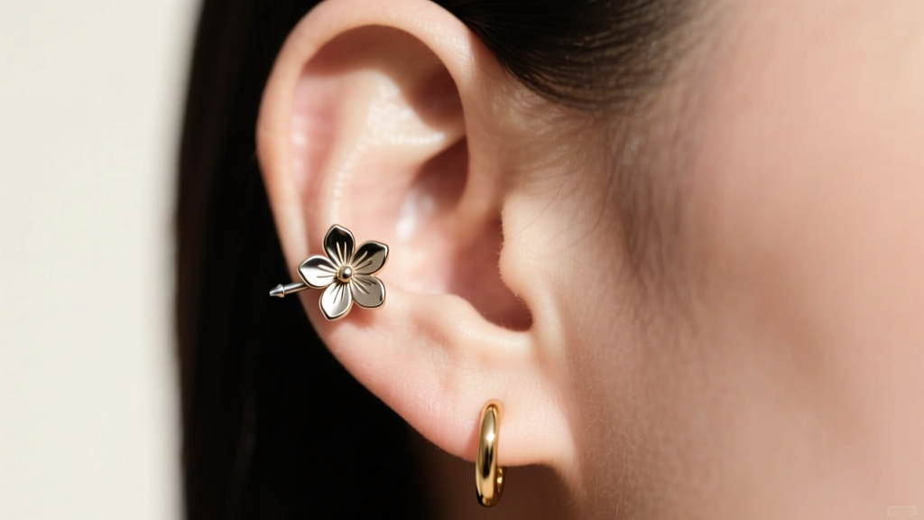 Close-up of an ear showcasing a mismatched 2 piercing earring setup with a threadless titanium floral stud and a tiny gold huggie