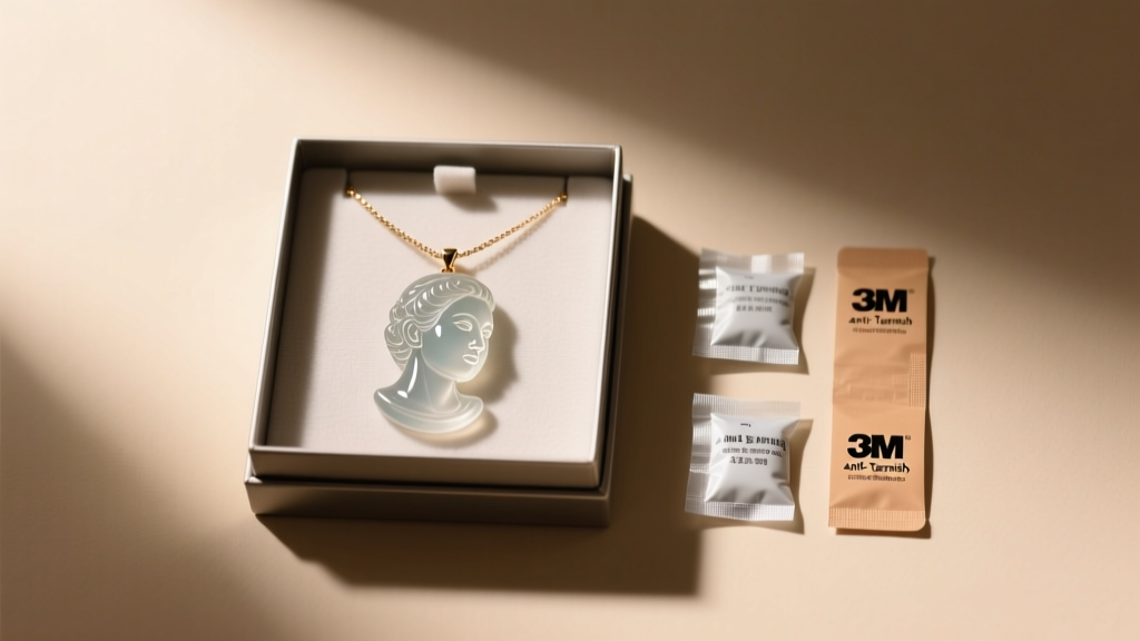 Anti-tarnish box holding a resin portrait necklace next to silica gel packets and 3M anti-tarnish strips under soft warm lighting.