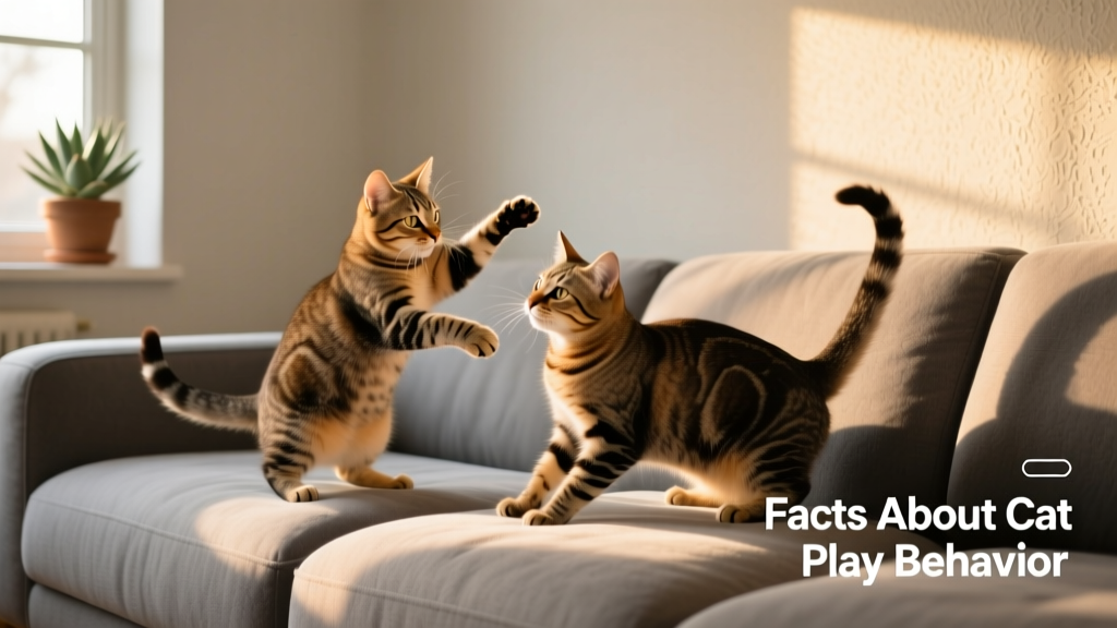 Two tabby cats gently play-fighting on a soft gray couch