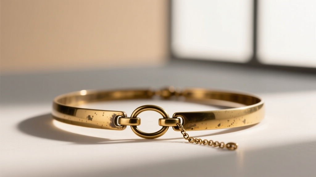 Side profile of a vintage 1950s Kramer necklace showing a brass fold-over clasp with a small safety chain attached to the link