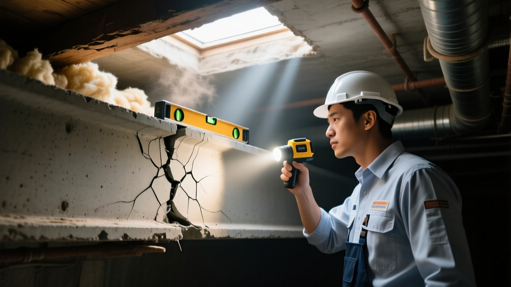 Structural engineer inspecting a cracked concrete grade beam with a laser level and flashlight in a dimly lit residential crawl space