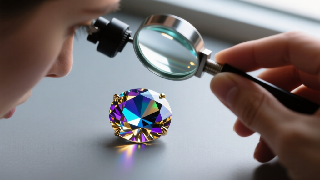Jeweler examining a vintage AB glass rhinestone with a 10x loupe, revealing the vaporized metallic coating under bright LED light.