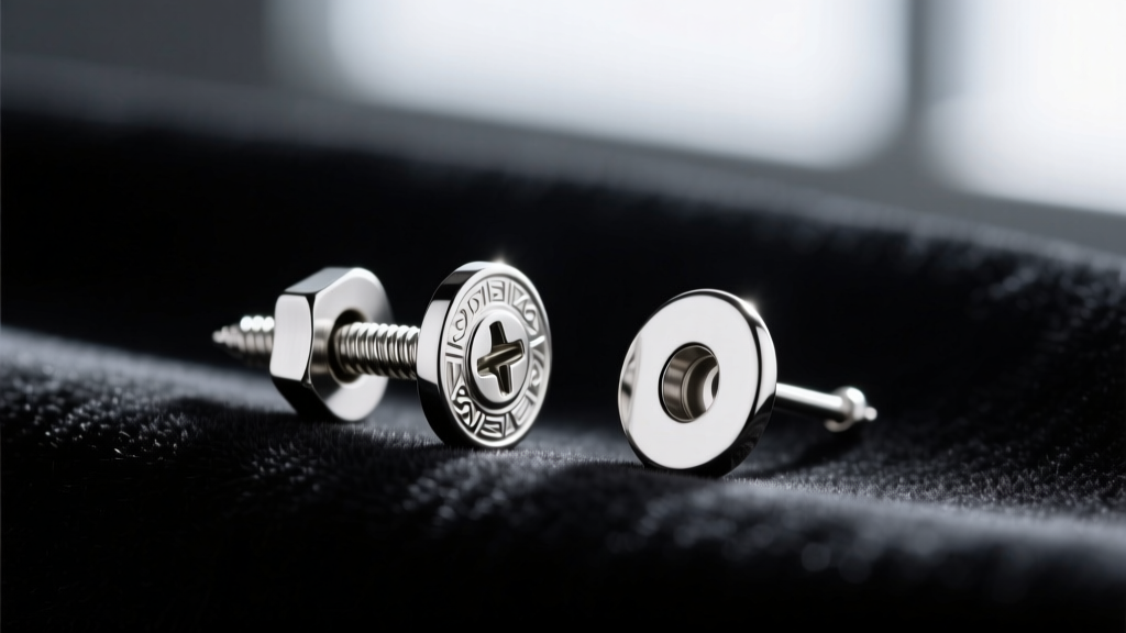 Macro view of a 20-gauge platinum earring post with a screw-back clutch next to a standard friction back on dark velvet fabric