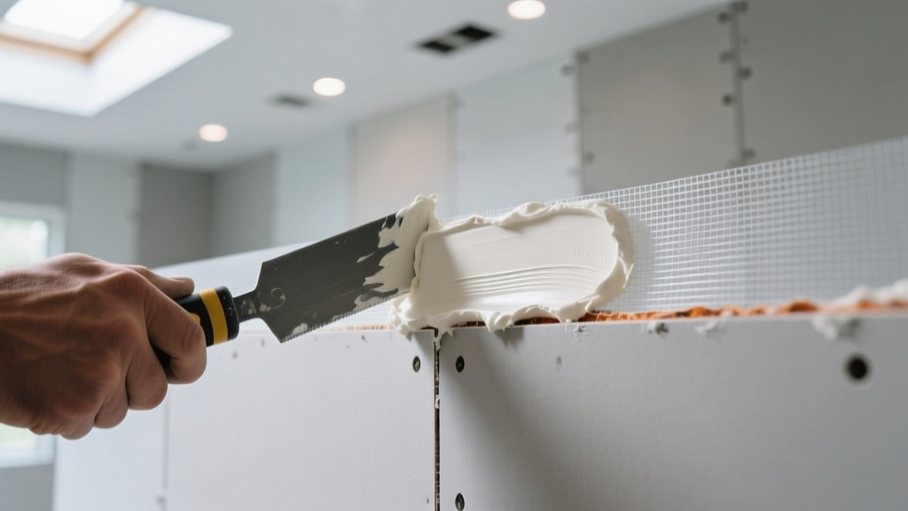 Close-up of a contractor using a taping knife to apply setting-type joint compound over fiberglass mesh tape on a fire-rated drywall seam.