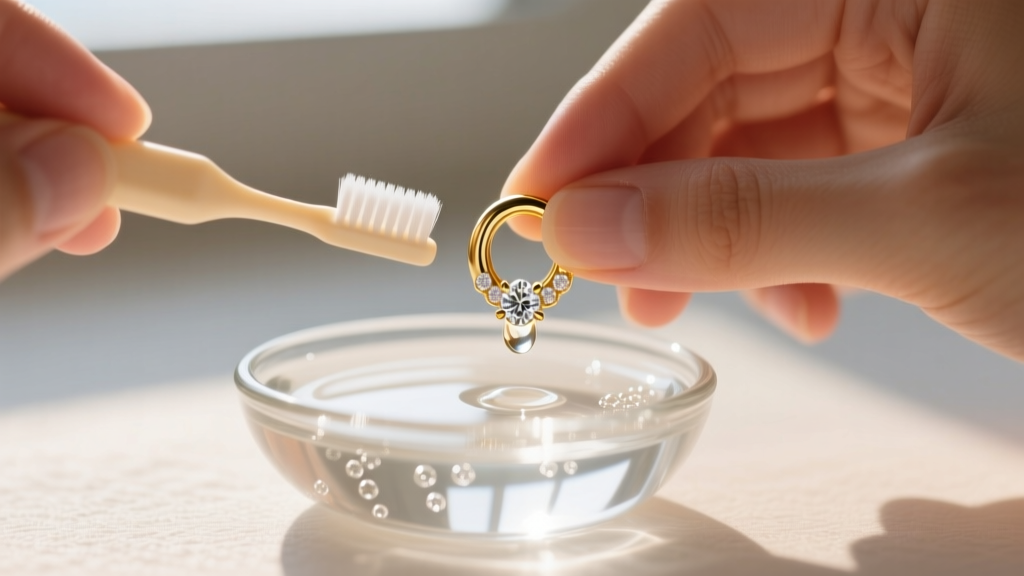 Hands cleaning a gold diamond huggie earring with a soft baby toothbrush and mild soapy water inside a small clear glass bowl
