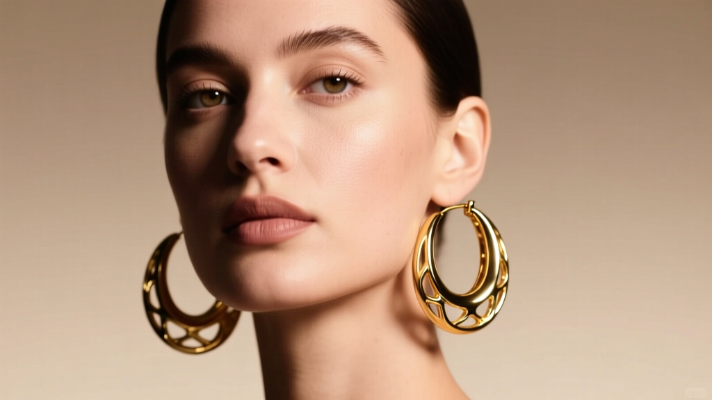 Portrait of a woman wearing large hollow 14k gold hoop earrings, soft studio lighting highlighting the polished metal texture.