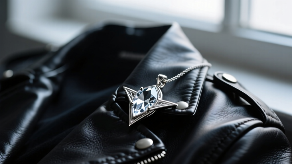 Sterling silver Evenstar pendant resting on a dark leather jacket, moody lighting highlighting the faceted crystal center.