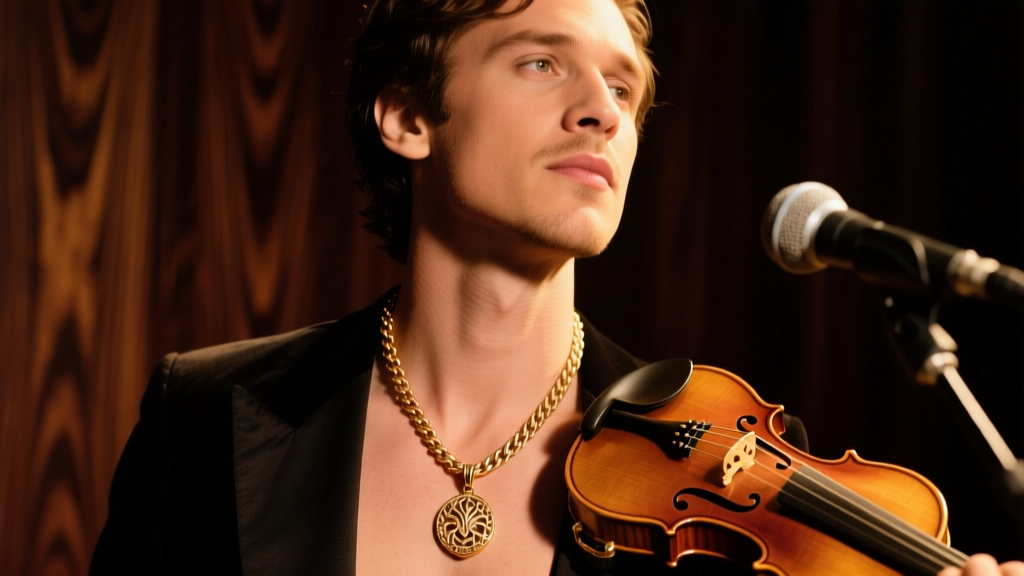Musician wearing a 14k rose gold wheat chain and violin pendant, captured in warm stage lighting against a dark wood background.