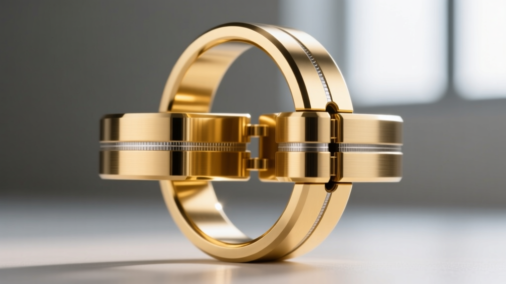 Macro shot of a double ring articulated hinge connecting two bands, highlighting precise laser welding and smooth 14k gold joints.