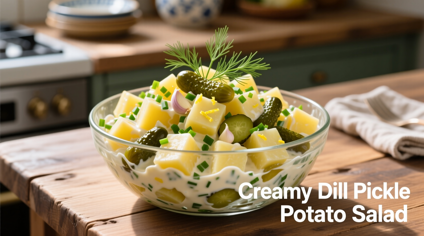 Creamy dill pickle potato salad in glass bowl