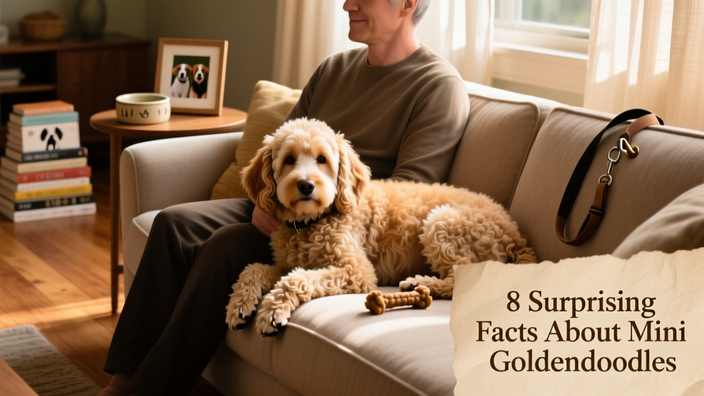 A senior Mini Goldendoodle resting peacefully beside its owner on a cozy living room sofa