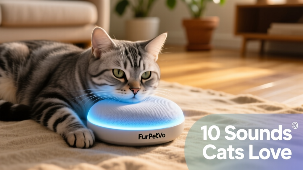 Close-up of a cat resting its head on a small, rounded FurPetVo sound pad emitting soft blue light
