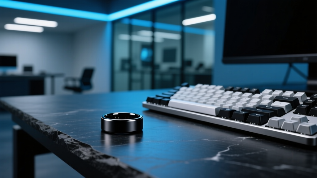 Macro shot of a matte black titanium smart ring resting on a dark slate desk next to a mechanical keyboard, illuminated by moody blue tech lighting.