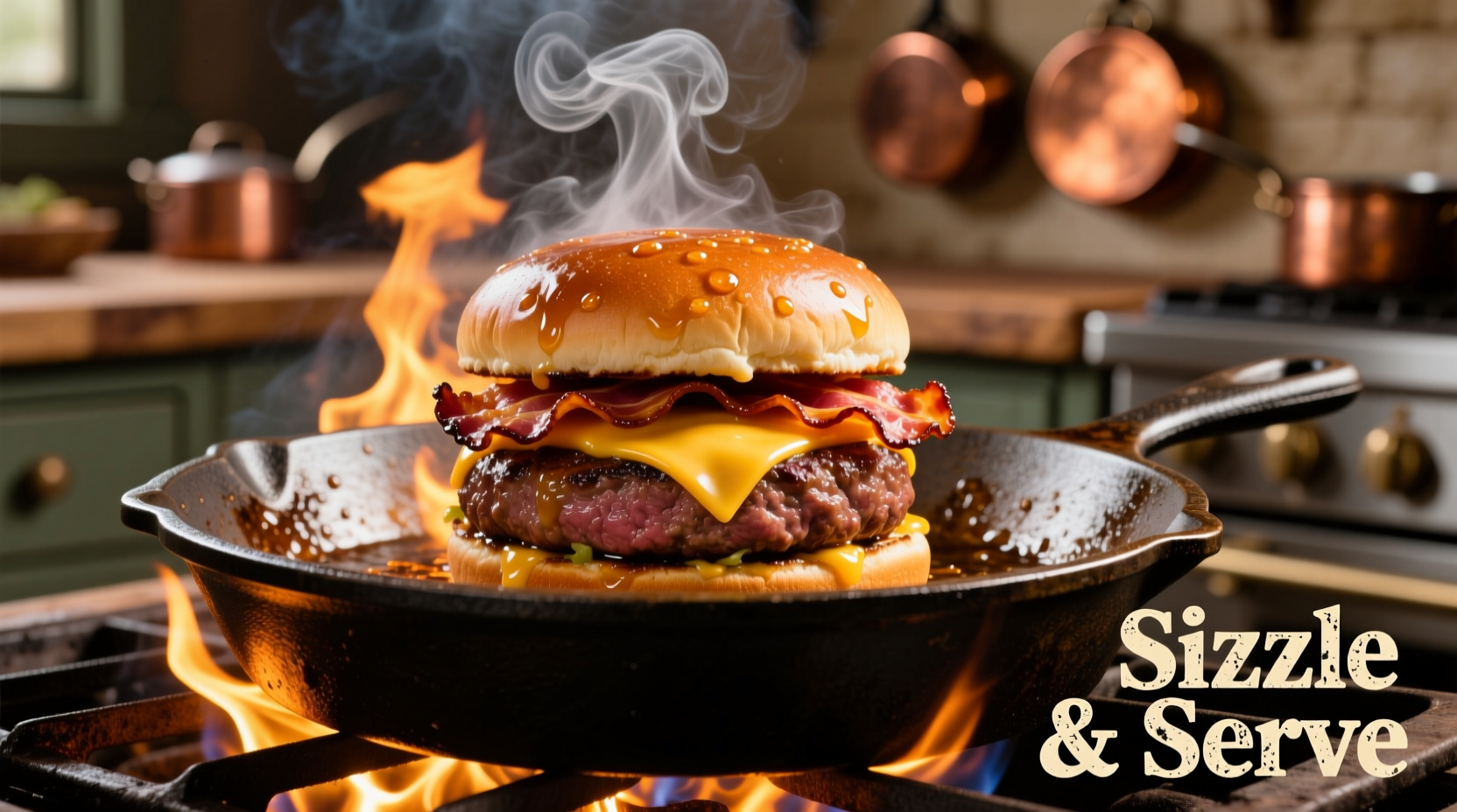 Juicy burger cooking in cast iron skillet