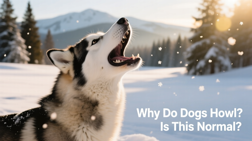 A Siberian Husky howling with mouth open, head tilted upward, against a snowy backdrop