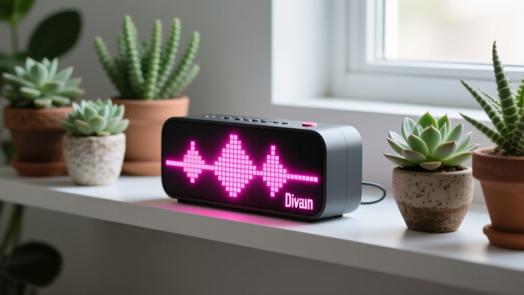 Side profile of a Divoom Ditoo-Mic retro pixel speaker glowing with neon pink equalizer display on a narrow 12-inch floating shelf next to potted succulents