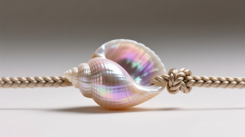 Macro shot of a cowrie shell bead on braided nylon cord, showing the pearlescent interior and a secure jewelry knot