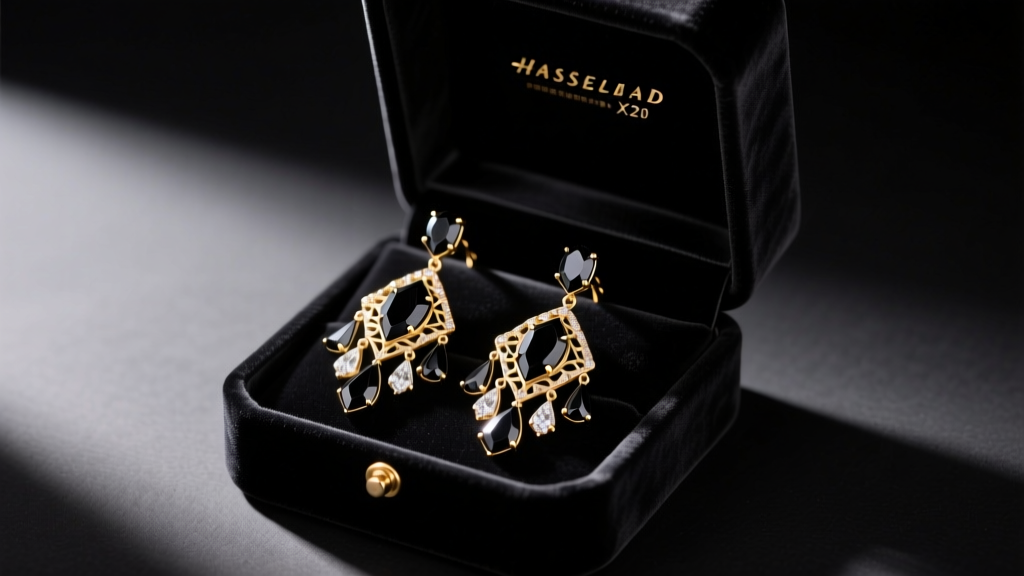 Open velvet gift box revealing intricate black onyx and 18k gold chandelier earrings catching soft warm light on a dark surface.