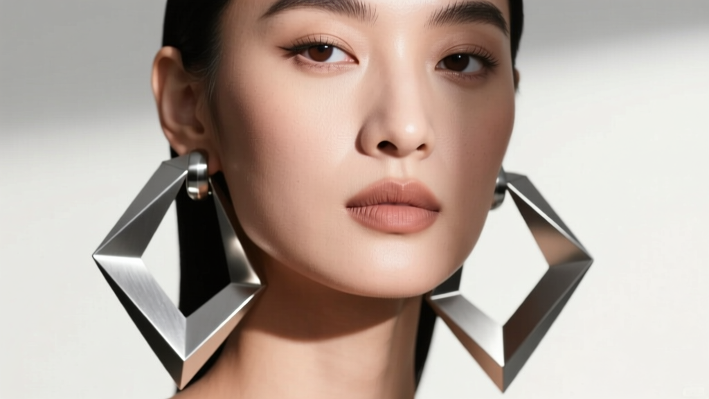 Close-up of a model wearing massive, lightweight titanium geometric hoop earrings, studio lighting highlighting brushed metal.