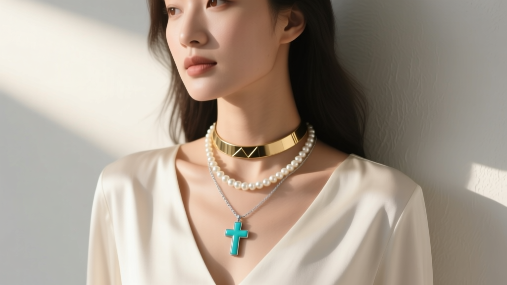 Woman wearing a small turquoise cross necklace layered with a gold choker and pearls over a V-neck top in soft morning light