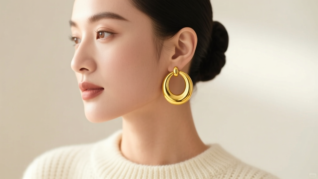 Close-up of a woman with a sleek bun wearing thick 14k yellow gold 30mm vintage hoops against a cream knit sweater, soft light.