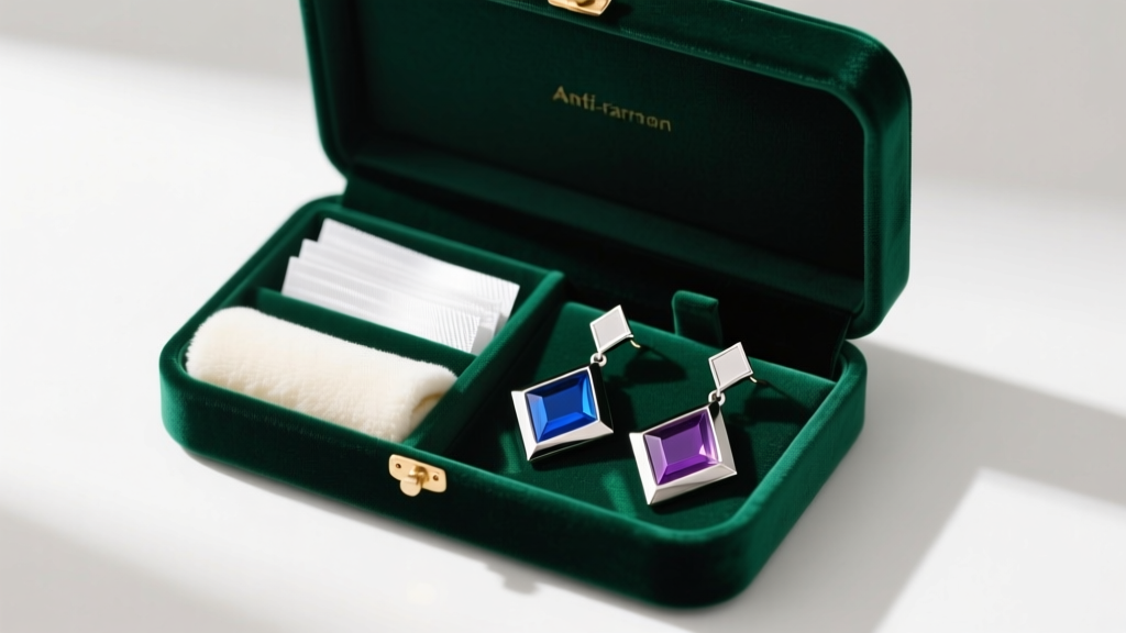 Organized velvet jewelry box containing anti-tarnish strips, microfiber cloth, and polished alternative statement drop earrings.