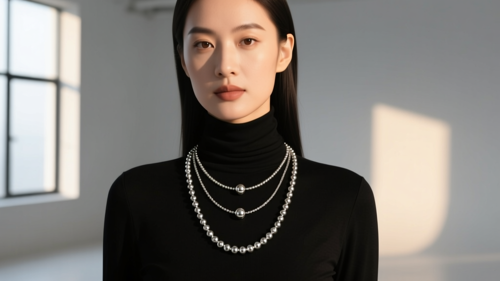 Woman wearing layered 3mm and 8mm silver ball strand necklaces over a black turtleneck, highlighting metallic luster and drape