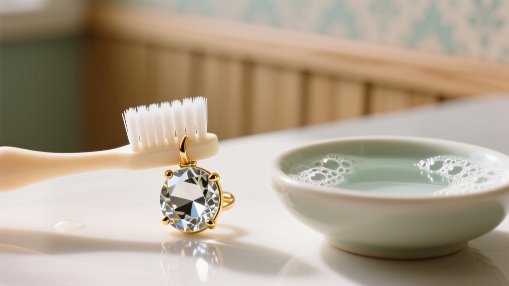 Soft baby toothbrush gently scrubbing a foiled glass rhinestone on a mid-century earring, next to a small bowl of mild soapy water.