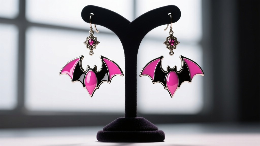 Glossy pink and black enamel bat-wing dangle earrings hanging from a dark velvet gothic jewelry display stand in soft studio light