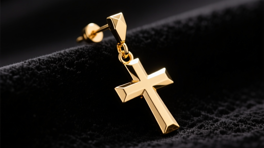 Close-up of a gold cross dangle earring on dark velvet, showing the leverback clasp and beveled edges under soft studio light.