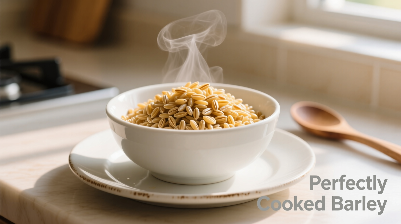 Perfectly cooked barley in white bowl