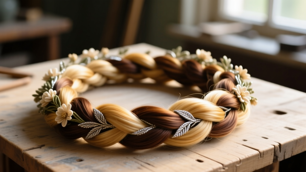 Macro shot of Victorian hairwork showing a tight floral wreath woven from blonde and brunette human hair on a wooden workbench.