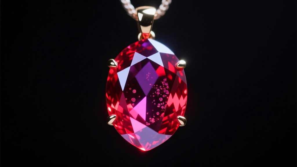 Macro shot of an unheated Mogok Burmese ruby pendant glowing under UV light, showing intense red fluorescence against dark velvet